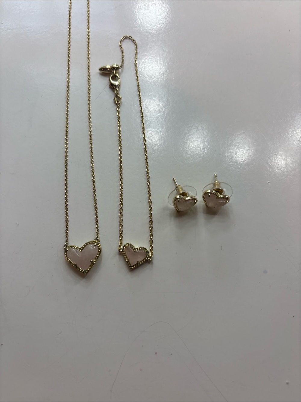 Kendra Scott Gold Heart Pink Stone Necklace, Bracelet and Stud Earring Set
